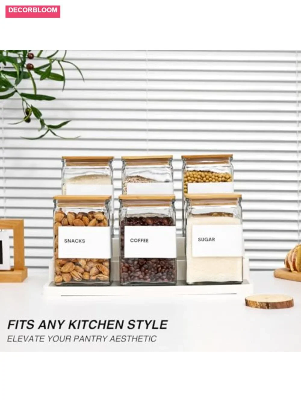 Glass Storage Jars with Bamboo Lids, 27oz Square Spice Jars for Kitchen Pantry